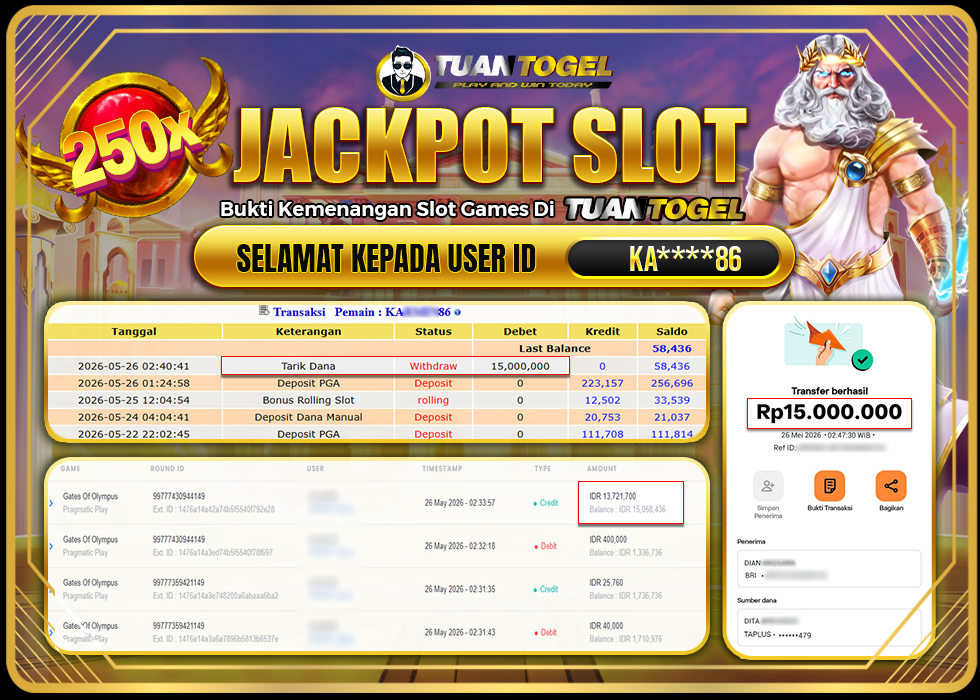 TUANTOGEL JACKPOT SLOT GATES OF OLYMPUS Rp15.000.000,- LUNAS